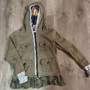 Brown Hooded Jacket with Lace Trim